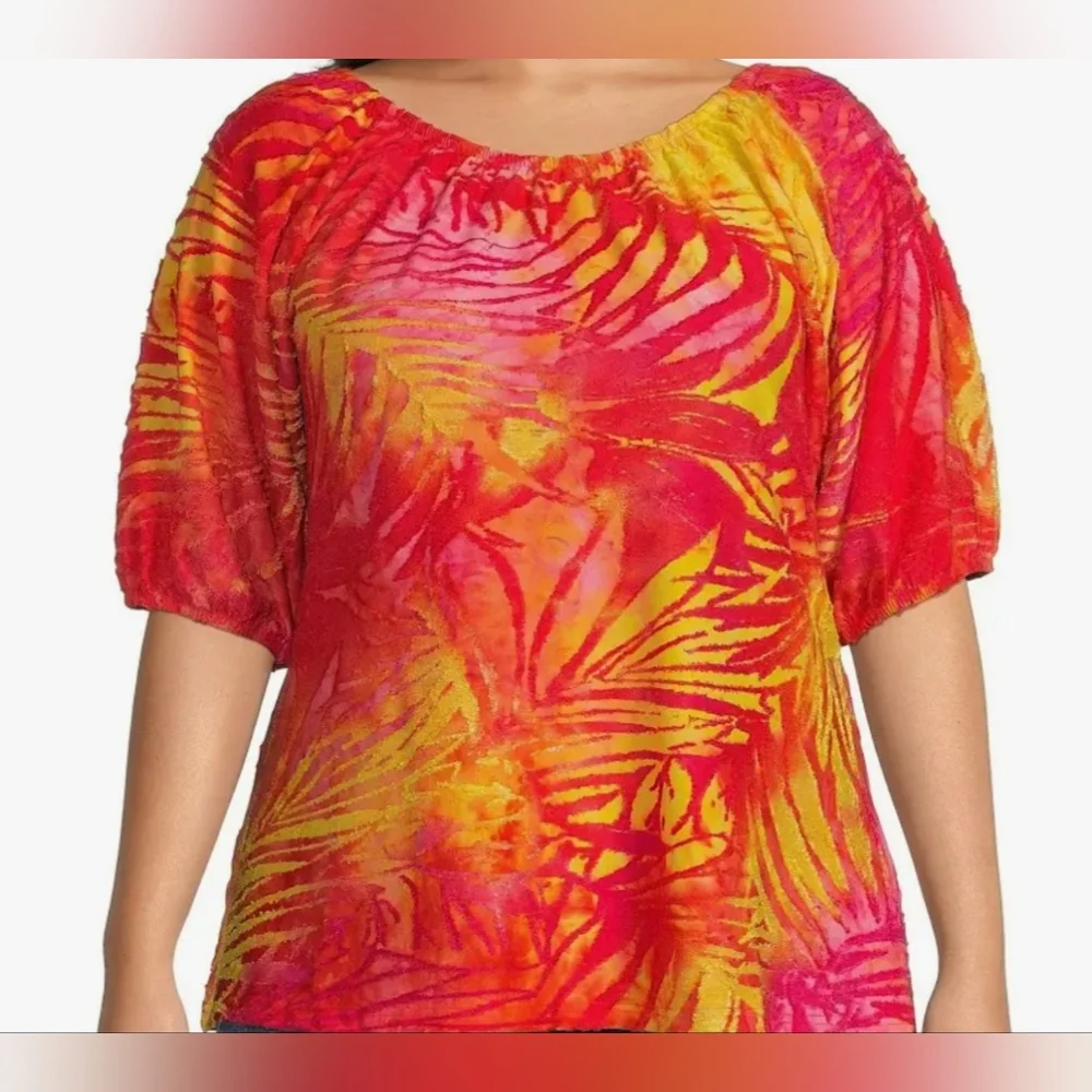 Calessa 3X Plus Womens Flocked Tie Dyed Short Sleeved Top - Picture 5 of 5